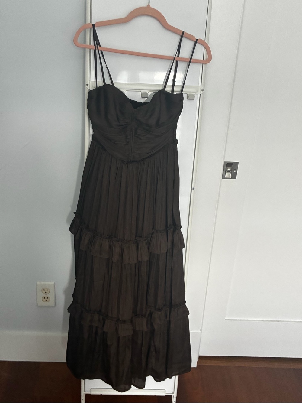 Aqua Chocolate Brown Spaghetti-Strap Tiered Maxi Dress